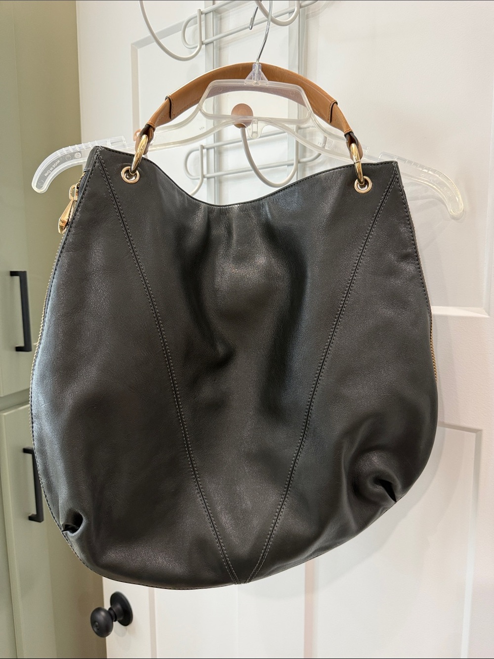 Deep Green nearly black Leather Hobo Bag with Tan Handle